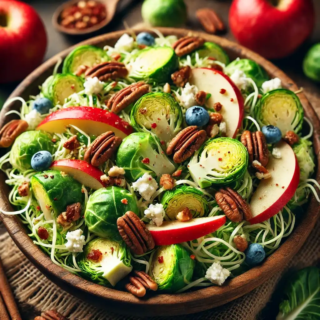 A vibrant fall Brussels sprout salad with shredded Brussels sprouts, red apples, pecans, and blue cheese, dressed in balsamic vinaigrette, served in a rustic bowl.