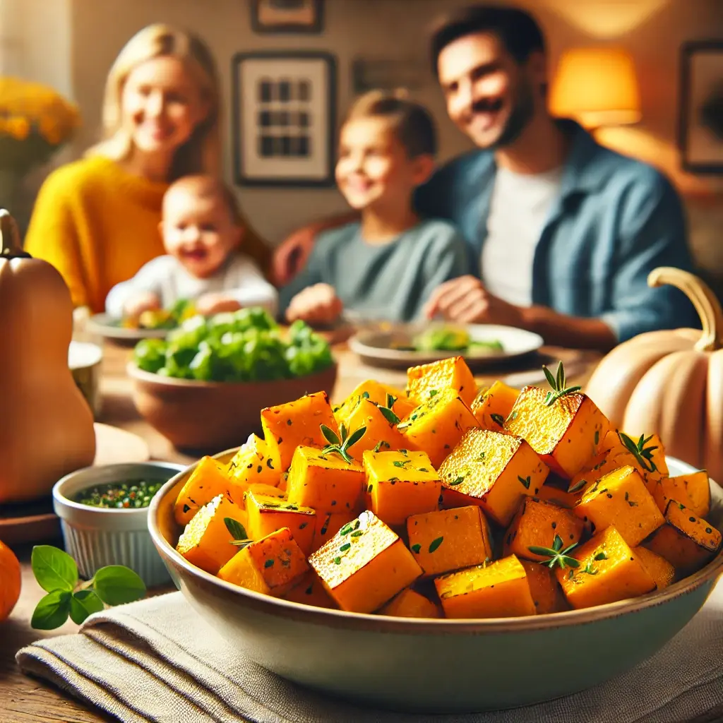 Close-up of golden roasted Air Fryer Butternut Squash garnished with fresh herbs, with a family of four dining in the background.