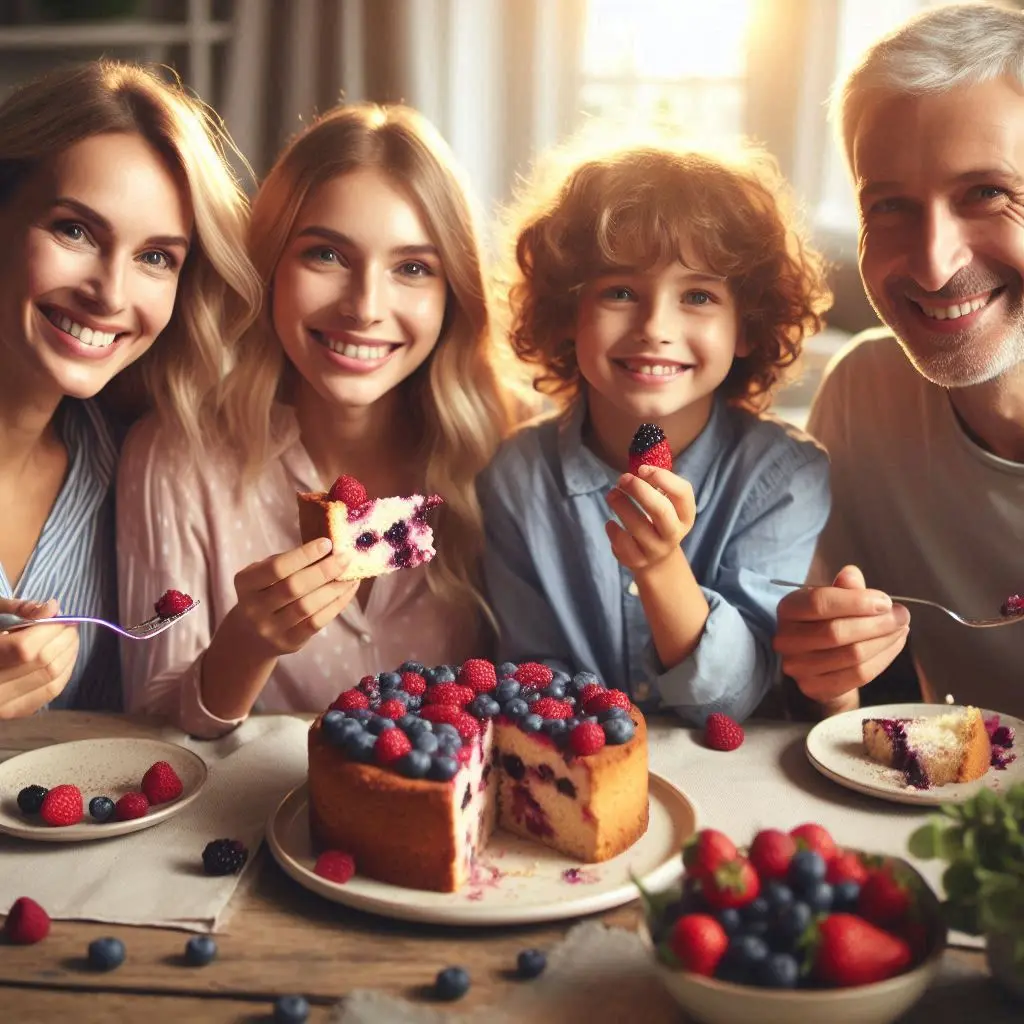 A family of four sharing slices of mixed berry buckle cake at the dining table.