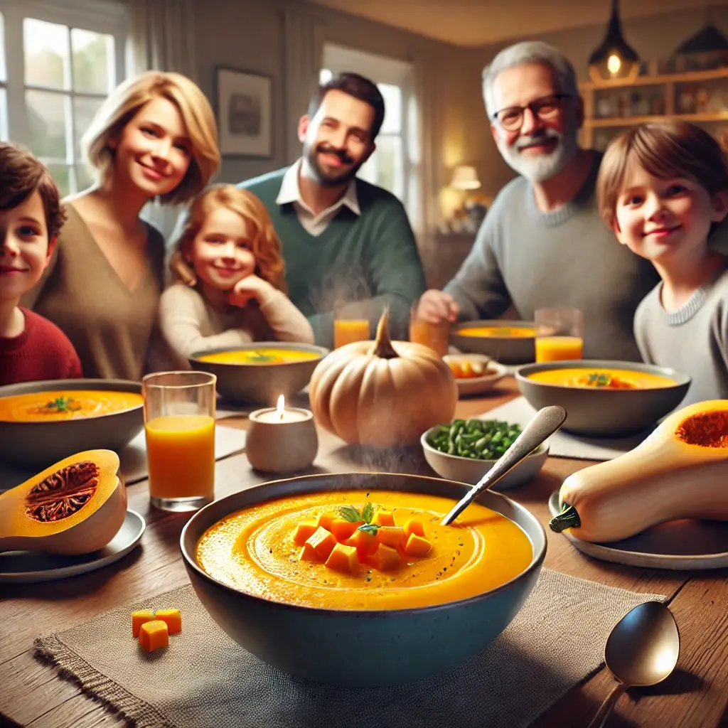 A cozy family of six enjoying bowls of butternut squash soup together at a dining table, smiling and savoring the meal in a warm homey atmosphere.