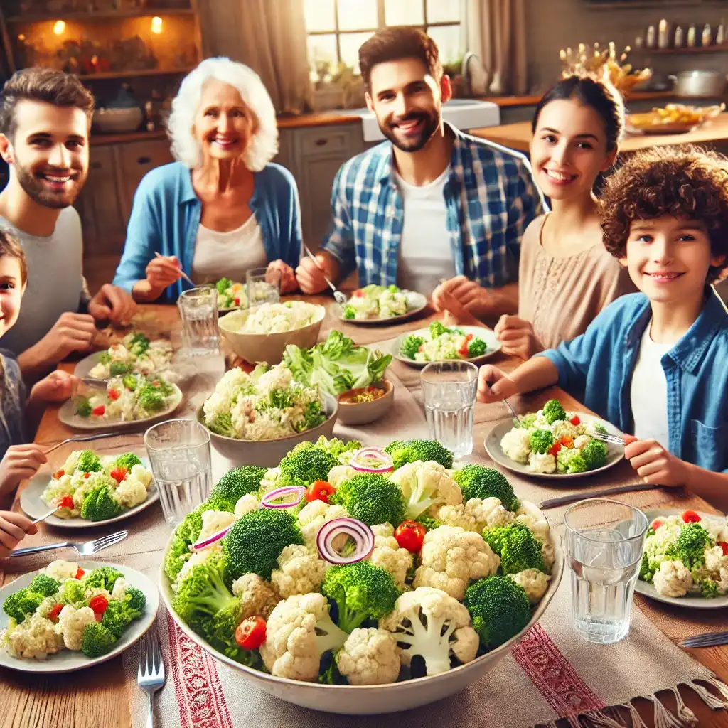 Family of six enjoying a delicious meal with a large bowl of fresh, colorful Cauliflower Broccoli Salad on the table.