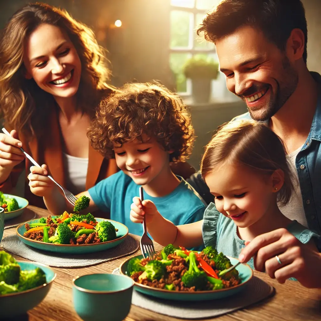 A family of four, including a wife, husband, and two kids, enjoying a meal of Ground Beef and Broccoli Stir Fry at the dinner table. The food looks fresh and vibrant, with a warm, cozy atmosphere.