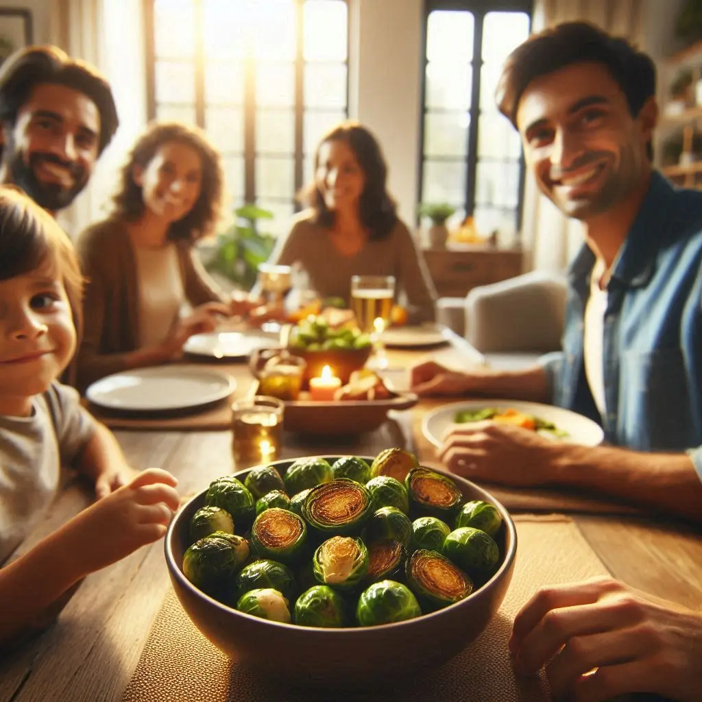 A family of four enjoying a meal together at home, with a focus on a serving bowl of roasted Brussels sprouts on the dining table.