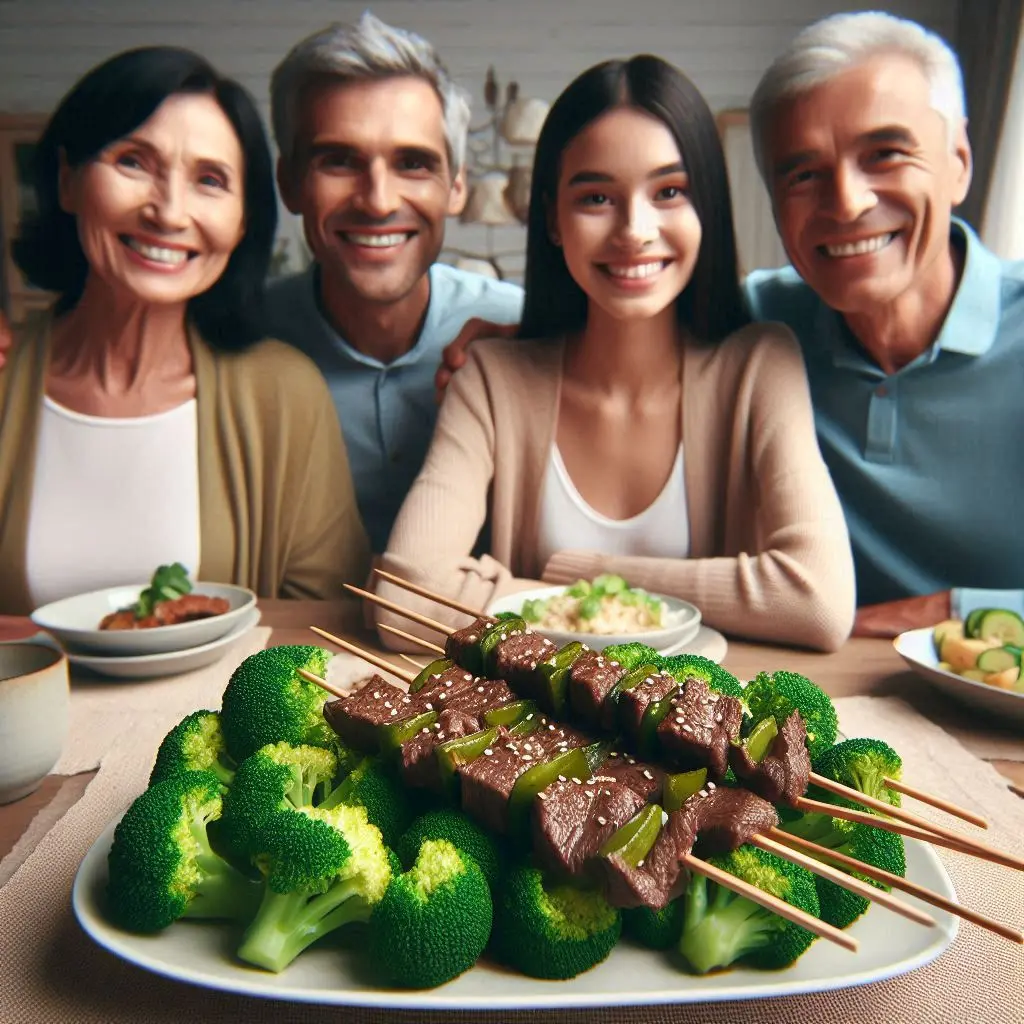 A family of four happily eating Soy-marinated Beef Broccoli Skewers, with a close-up focus on the skewers on the plate.