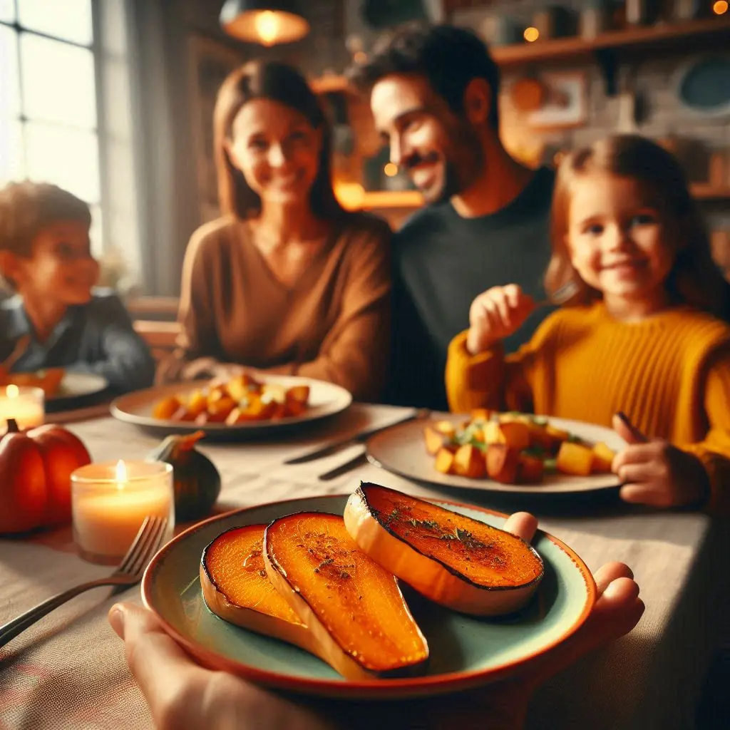 A family of four at the dining table enjoying freshly made Roasted Butternut Squash, with close-up focus on the dish, highlighting its delicious appearance.