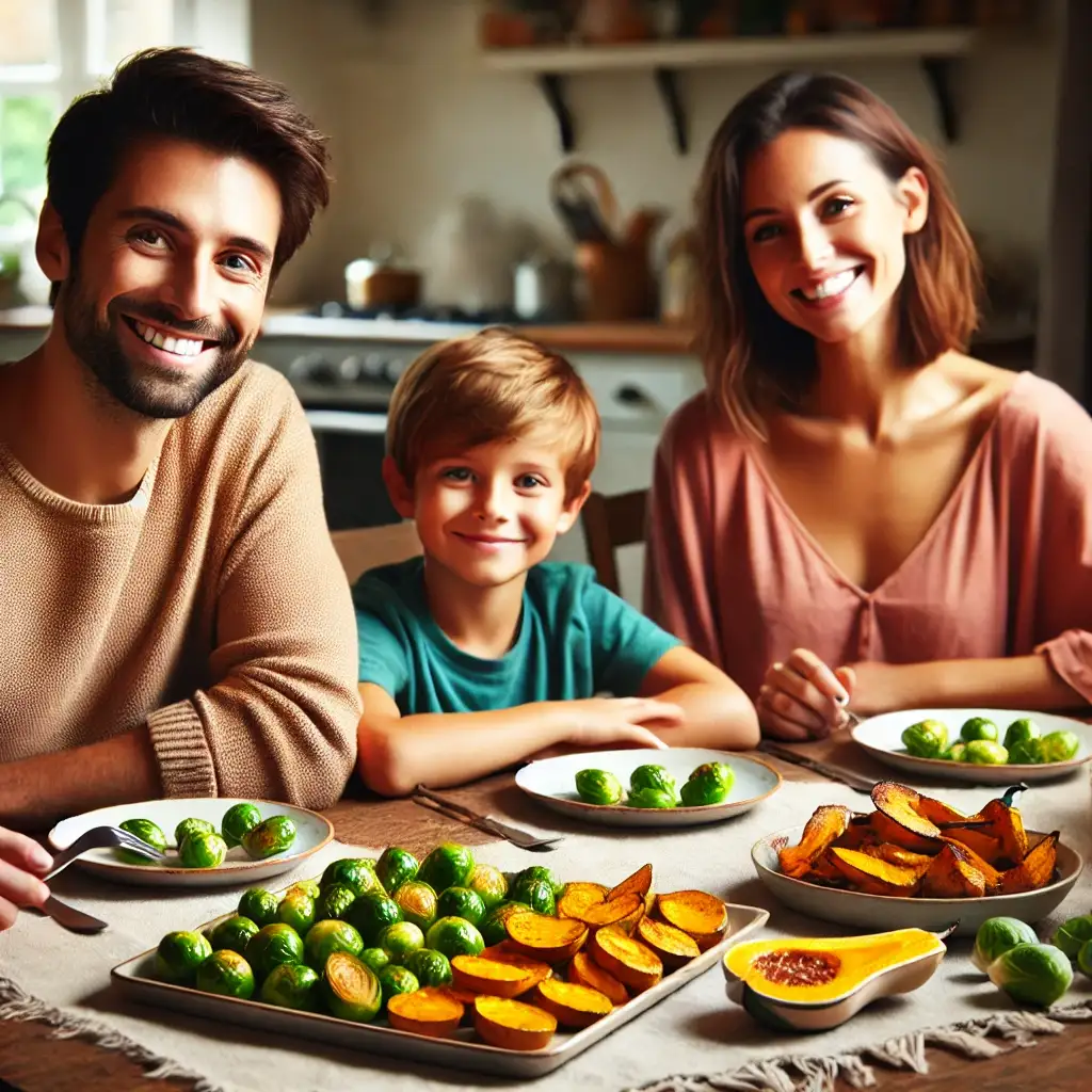 Family sitting at a dining table enjoying roasted Brussels sprouts and butternut squash as a side dish. The vegetables are golden and caramelized, adding a delicious touch to the meal.