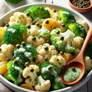 Close-up of vibrant Cauliflower Broccoli Salad with capers and lemon vinaigrette