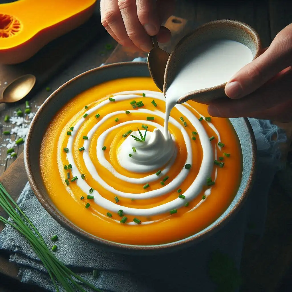 Butternut squash soup garnished with a swirl of coconut milk and a sprinkle of chives.