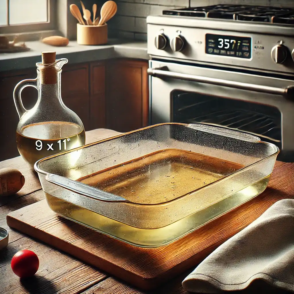 A 9x11-inch glass baking dish sprayed with oil, set on a wooden countertop, with a preheated oven at 375°F visible in the background, along with measuring cups and a towel.