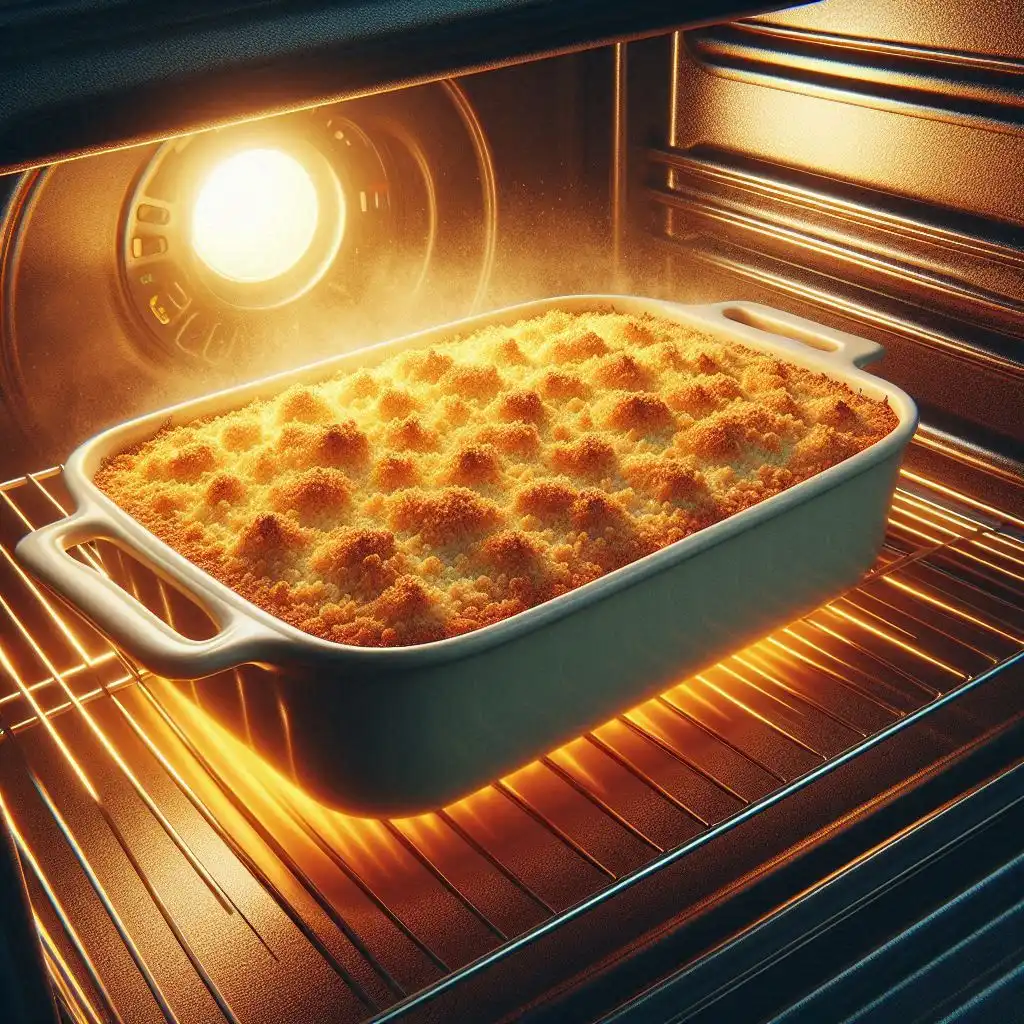 A casserole dish with a breadcrumb topping, golden brown from broiling, inside a glowing oven during the final stage of baking.