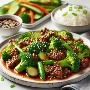 A plate of Ground Beef and Broccoli Stir Fry with lean beef, vibrant broccoli, and a savory sauce, garnished with sesame seeds and sliced scallions.