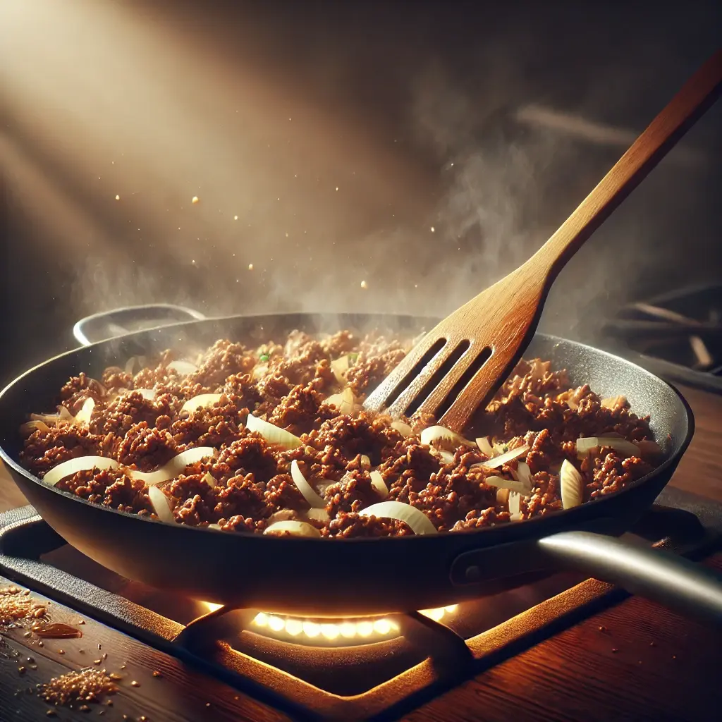 Skillet with sesame oil, ground beef, and chopped onions cooking over medium-high heat, with beef browning and onions turning translucent.