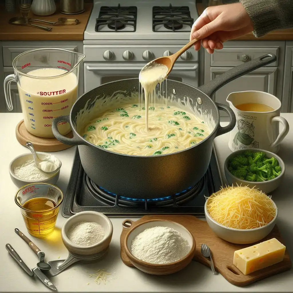 Preparing sauce for Chicken Broccoli Noodle Casserole with melted butter, softened shallots, and cheese in a pot on the stovetop.