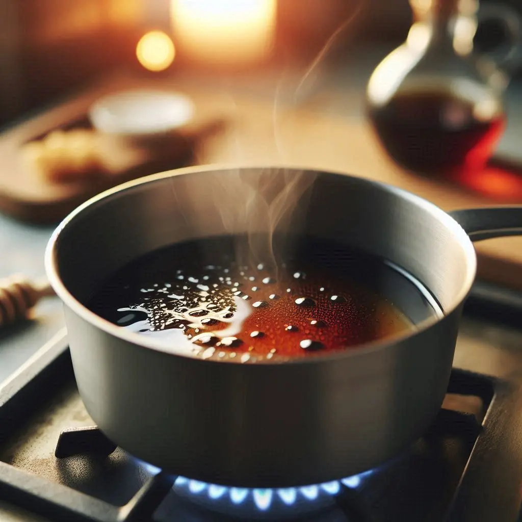 A saucepan simmering maple syrup and soy sauce to create a thick glaze. The glaze thickens over medium-low heat in a cozy kitchen.