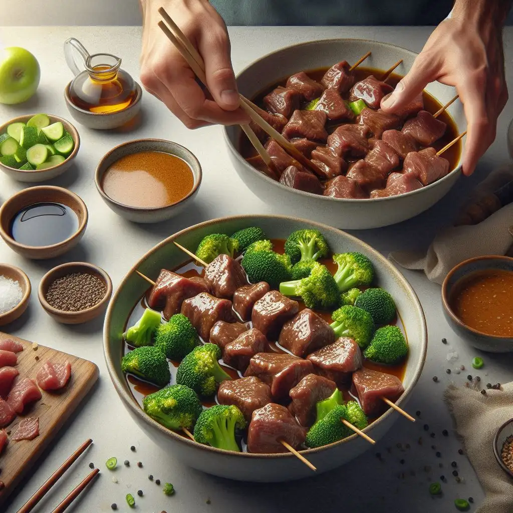 A kitchen scene with two bowls, one with beef being tossed in marinade, the other with just the marinade, showing the marinating process.