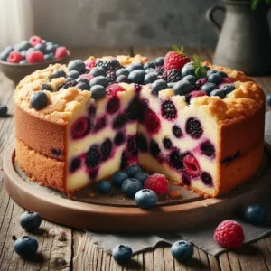 A slice of mixed berry buckle cake showcasing layers of blueberries, raspberries, and blackberries.