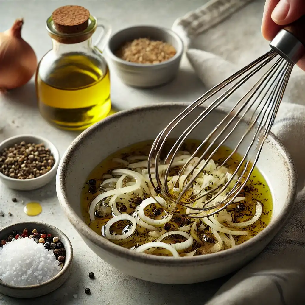 A small bowl with a mixture of olive oil, Dijon mustard, minced shallots, and balsamic vinegar being whisked together, with a pinch of salt and black pepper added.