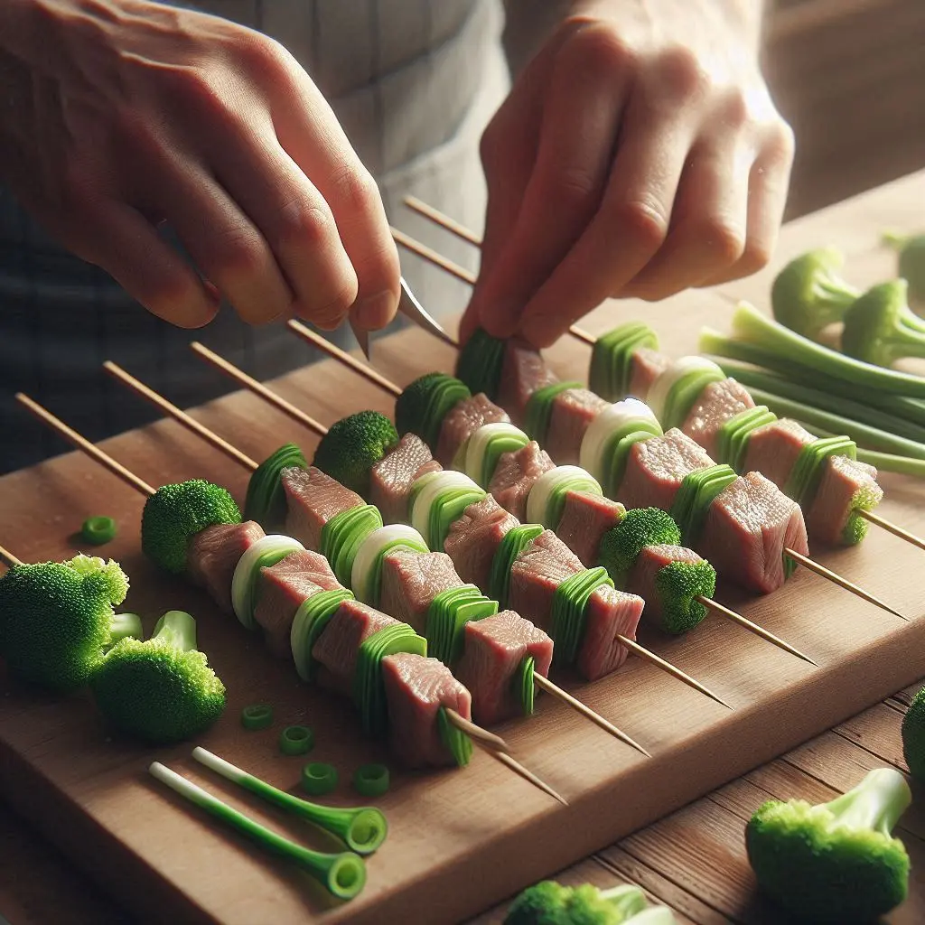 Realistic close-up of 8 skewers being prepared with layers of scallion, broccoli, and beef, showing the detailed textures of the ingredients.