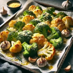 Roasted broccoli and cauliflower with garlic and parmesan on a sheet pan, golden brown and crispy.