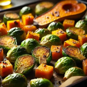 Close-up of roasted Brussels sprouts and butternut squash with a caramelized glaze