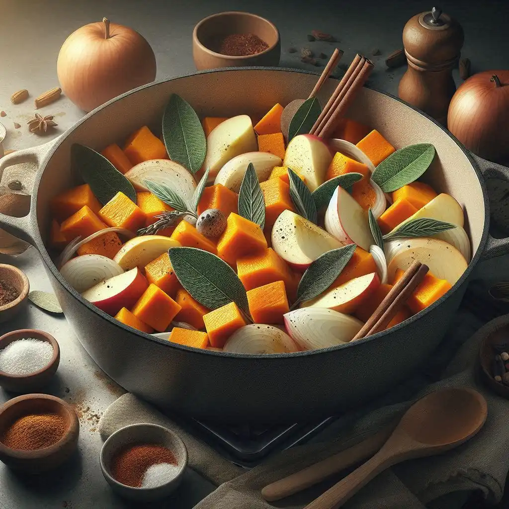 Ingredients for butternut squash soup including squash, apple, onion, sage, salt, cinnamon, and paprika tossed with olive oil in a Dutch oven, ready to be roasted for a flavorful soup.