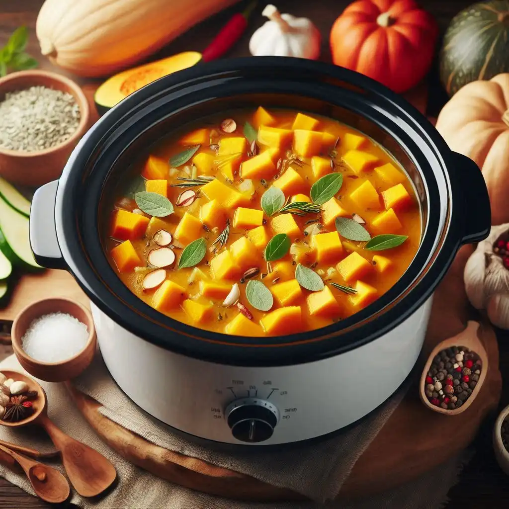 Slow cooker with lid on, simmering butternut squash soup. Steam rises from the top, showing the cooking process.