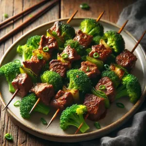 Grilled soy-marinated beef and broccoli skewers served on a plate, garnished with scallions.