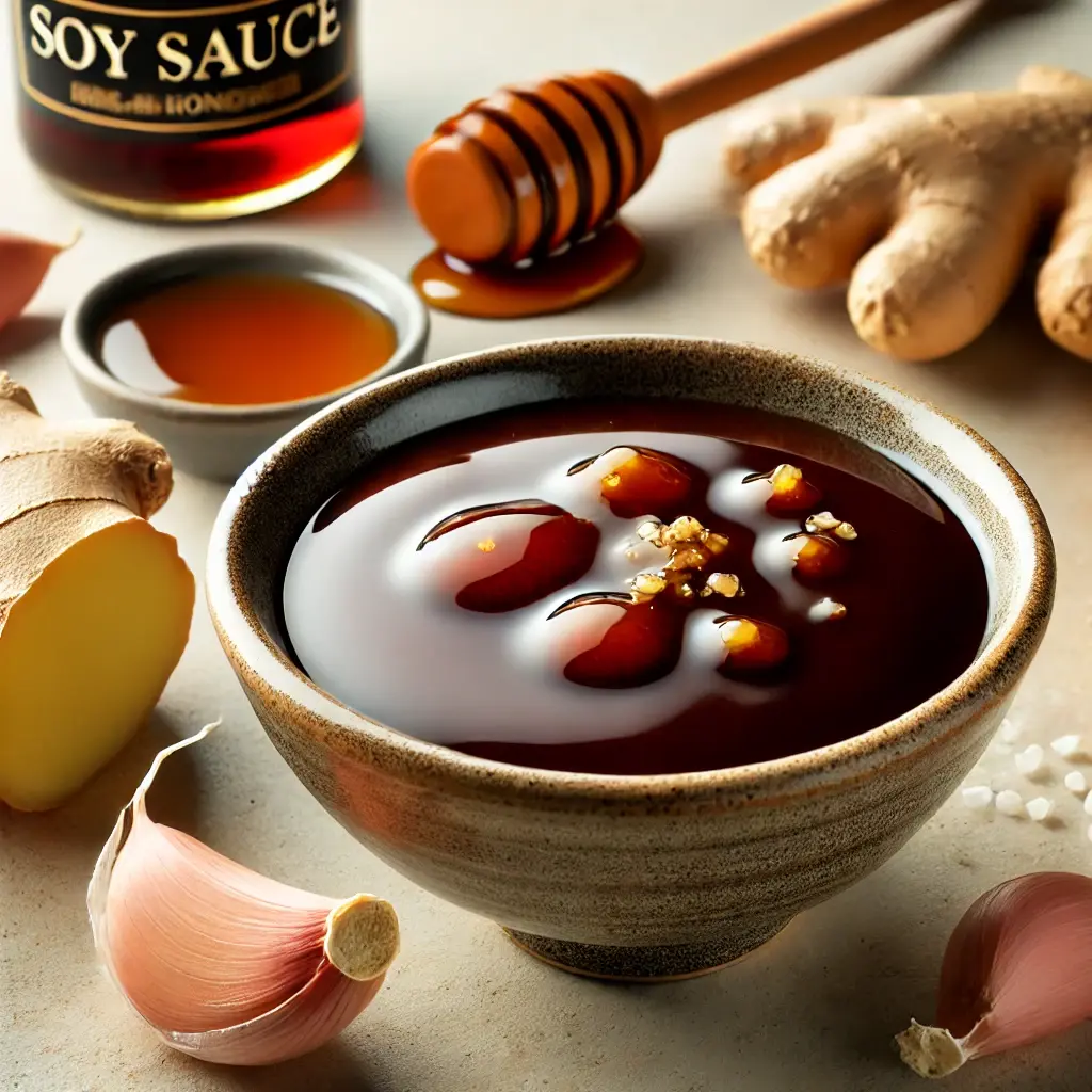 Small bowl filled with a smooth mixture of soy sauce, honey, garlic, ginger, and cornstarch, surrounded by fresh ingredients.