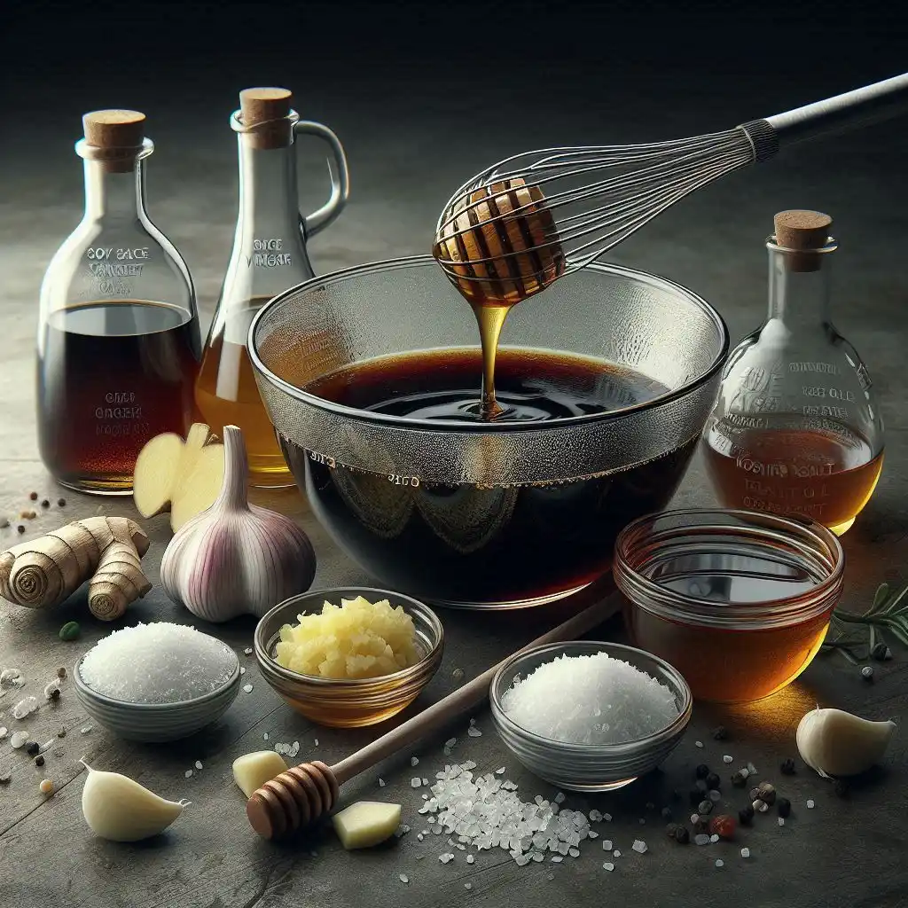 close-up of a glass bowl with soy sauce, rice vinegar, honey, sesame oil, grated garlic, and ginger being whisked together for a marinade.