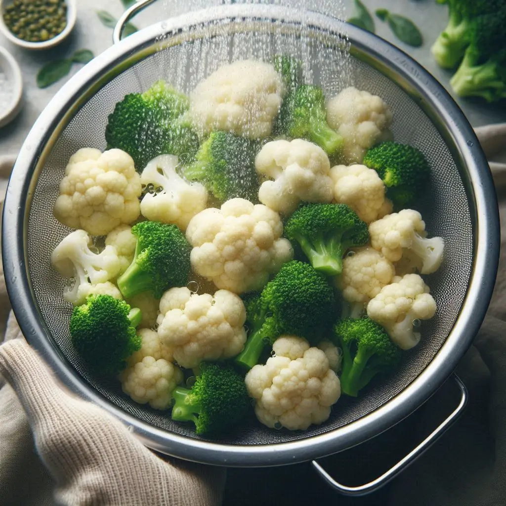 A close-up view of steamed cauliflower and broccoli florets, rinsed under cold water to stop the cooking process. The florets are crisp-tender and drained in a strainer.