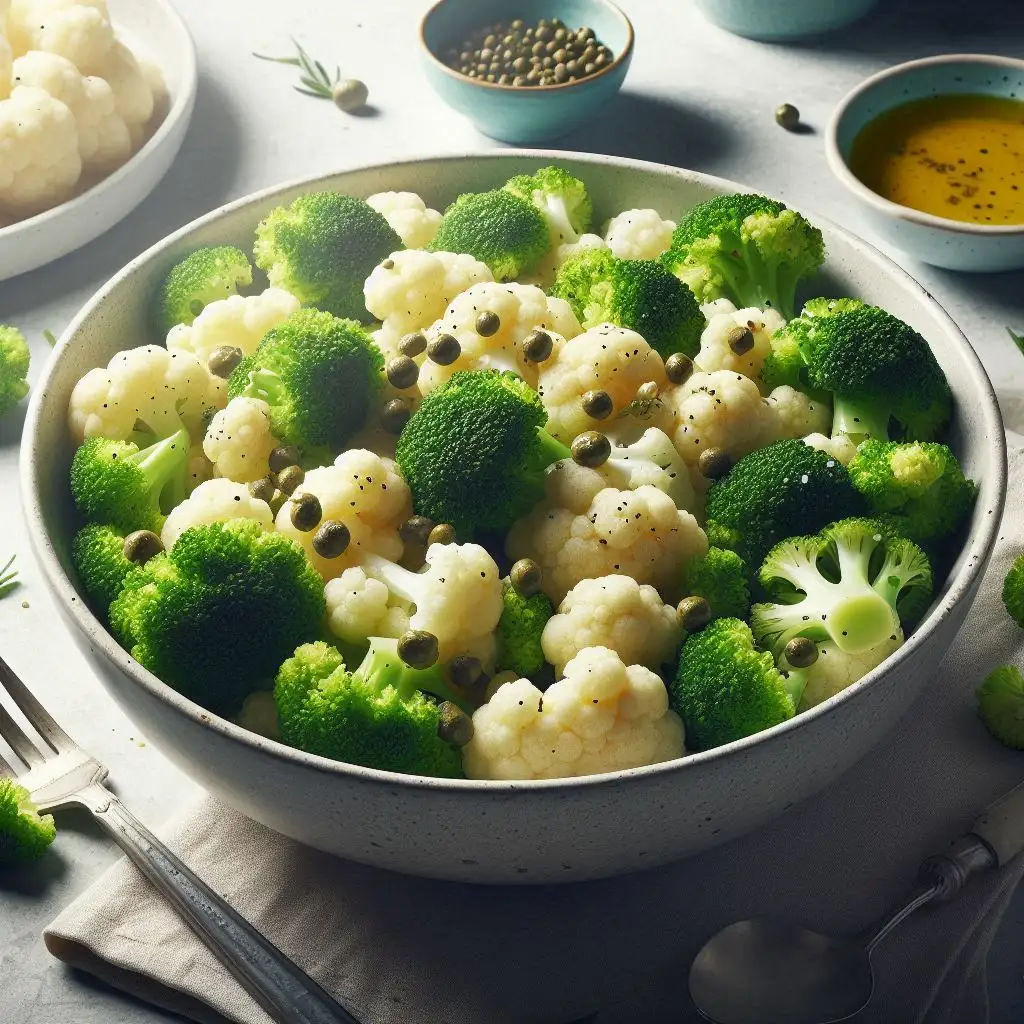 Fresh steamed cauliflower and broccoli florets tossed with vinaigrette and sprinkled with capers in a large bowl, served on a clean kitchen table.