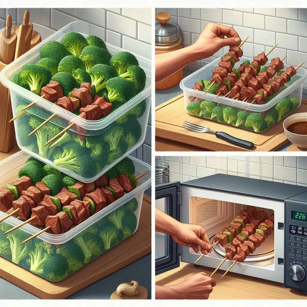 Soy-marinated Beef Broccoli Skewers being stored in an airtight container for freezing, with another image showing reheating in the microwave.