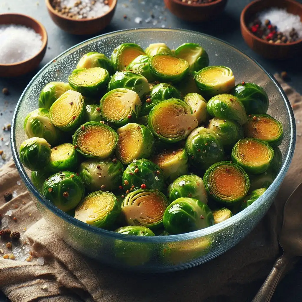 Freshly sliced Brussels sprouts tossed with olive oil, salt, and pepper in a glass bowl, ready for roasting.