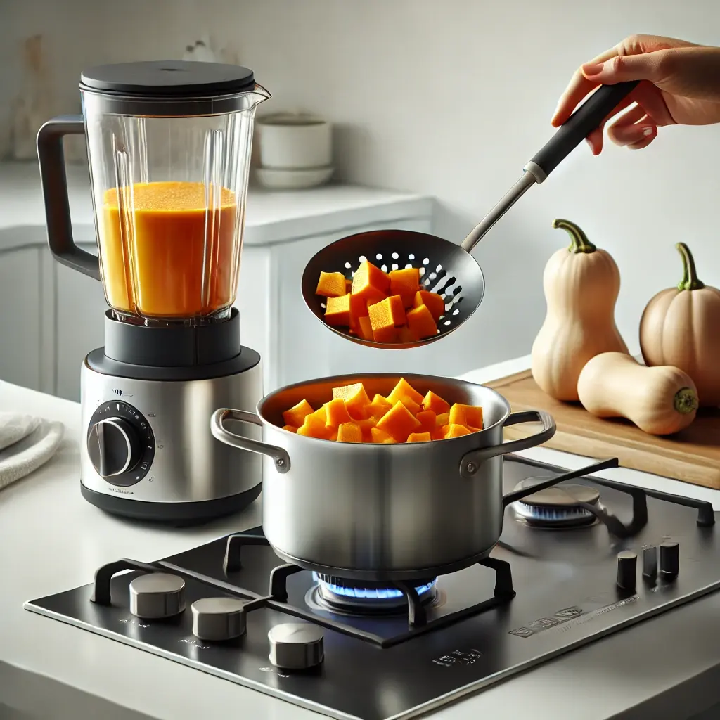 A kitchen scene showing a pot of cooked squash being lifted with a slotted spoon and transferred into a blender on a clean countertop.