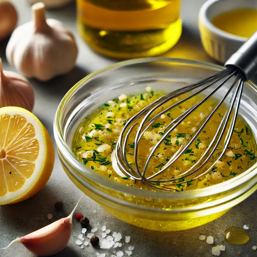 Freshly whisked homemade vinaigrette with lemon juice, olive oil, garlic, shallots, salt, and pepper in a small glass bowl on a kitchen countertop.