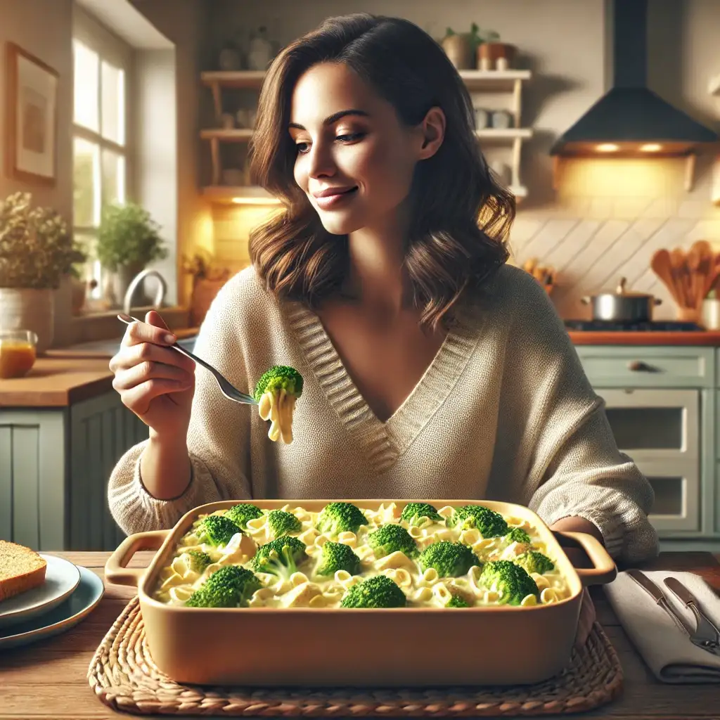 A woman in her 30s, sitting at a small table in a cozy kitchen, eating a creamy Chicken Broccoli Noodle Casserole with visible pieces of broccoli and noodles. The kitchen is warmly lit, with a light, inviting decor.