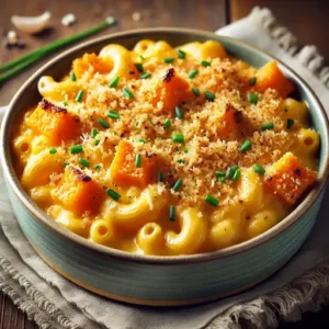 Close-up of a bowl of creamy butternut squash mac and cheese with a golden crispy top and sprinkled breadcrumbs, ready to serve.