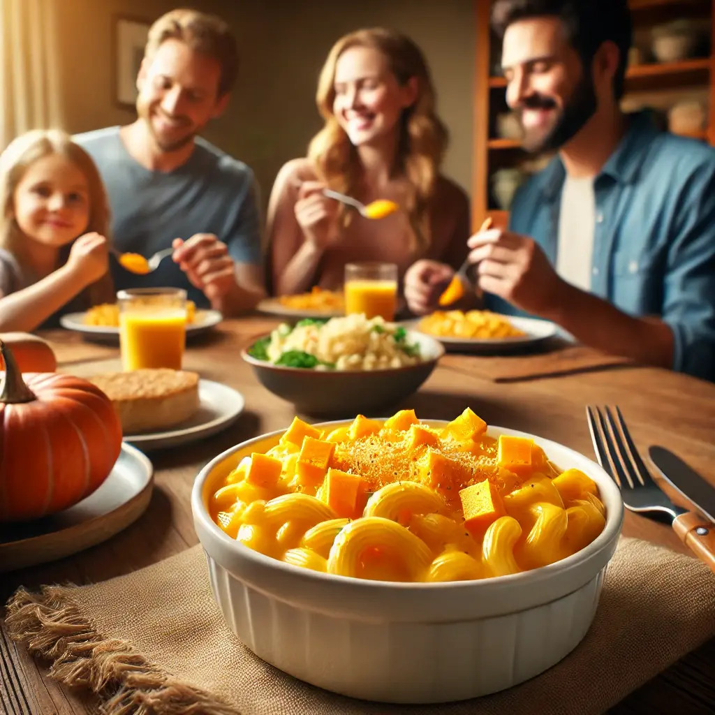 A family of four enjoying lunch with a close-up focus on a bowl of creamy butternut squash mac and cheese, featuring its golden crispy top.