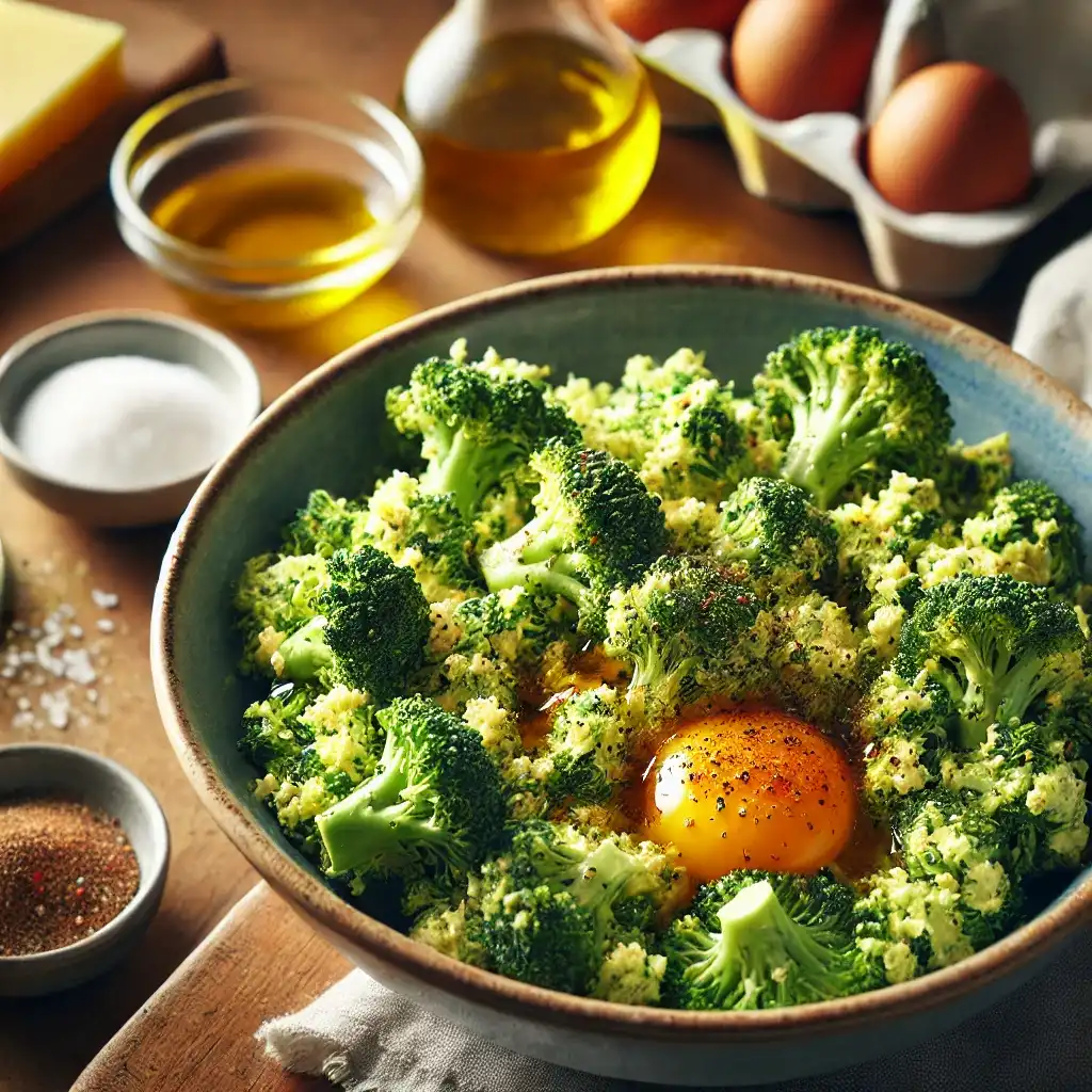 Once cooked, crumble the broccoli into smaller pieces. Add olive oil, salt, and pepper, then mix everything together.