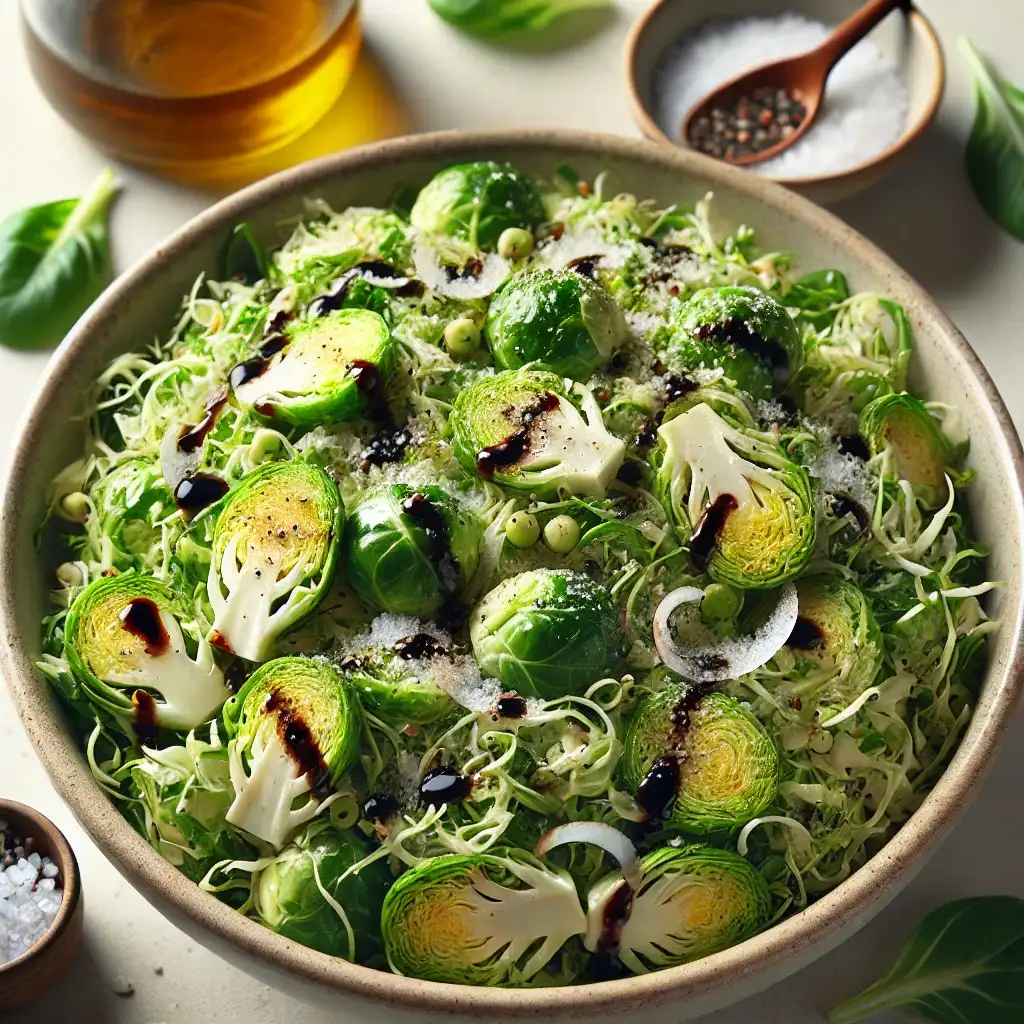 Close-up of shredded Brussels sprouts tossed with balsamic vinaigrette, salt, and pepper in a large bowl.